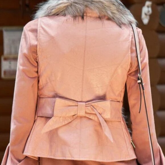 Chic Glove Tanned Soft Quilted Vegan Leather Thick Fur Trim Bow Zip Up Vest - Picture 3 of 7